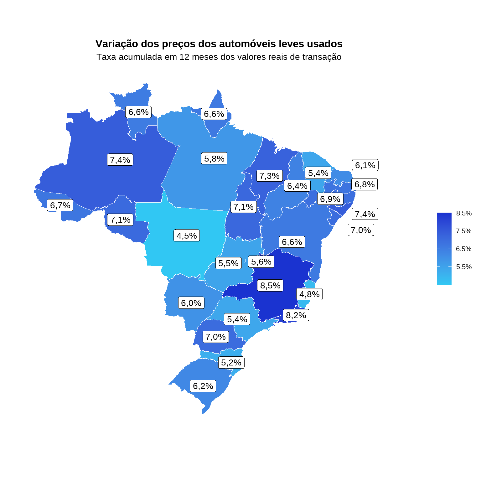 Mapa do Brasil com variação acumulada em 12 meses por estado em abril de 2026 — concentração de alta em MG, RJ e Norte