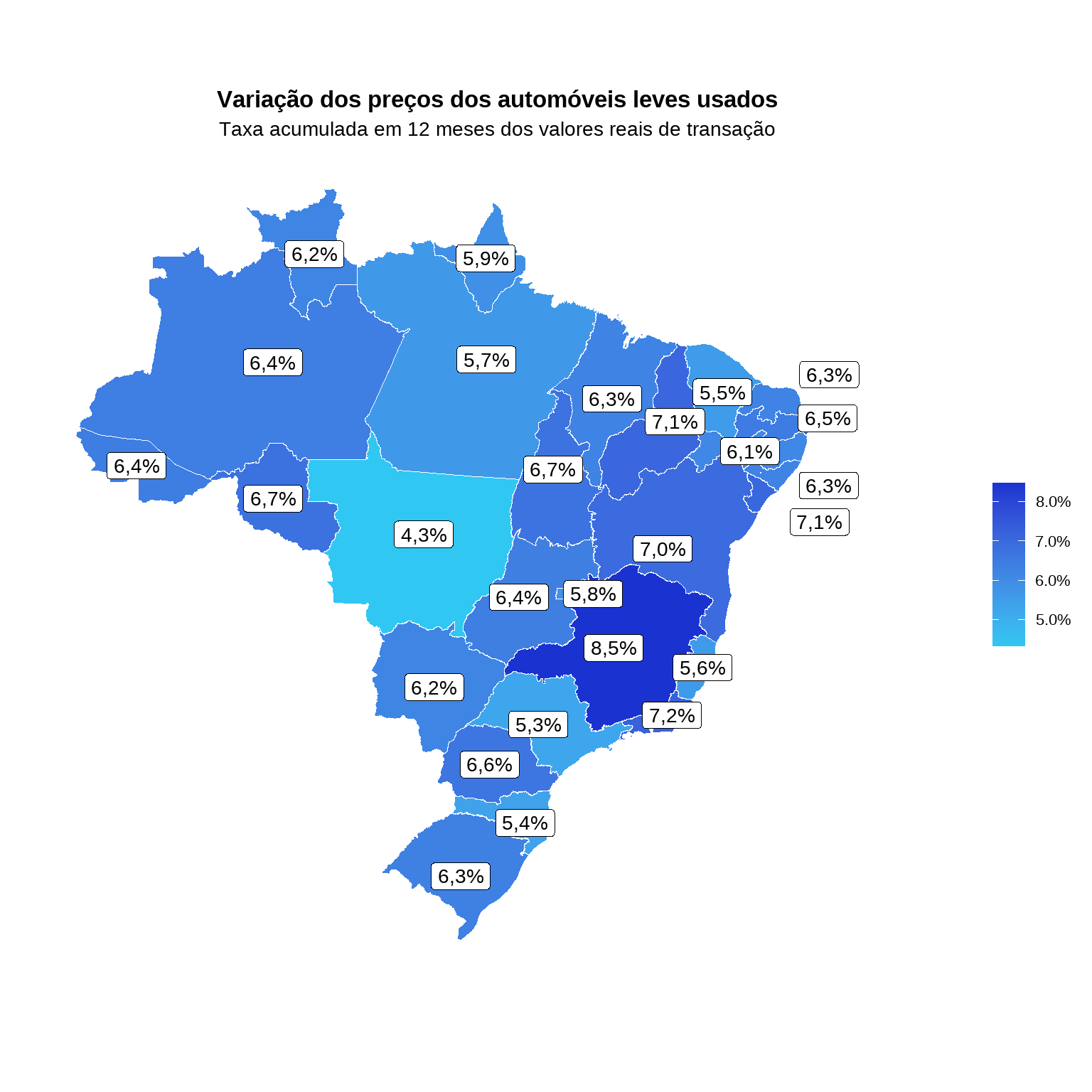 Mapa do Brasil com variação acumulada em 12 meses por estado em junho de 2026, com Minas Gerais liderando em +8,48%